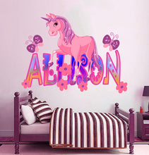 Load image into Gallery viewer, Nursery decal name Pink unicorn sticker Pony decal Custom name wall decal Personalized name decal for wall Custom nursery name print