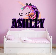 Load image into Gallery viewer, Unicorn Custom name wall decal, personalized sticker, toddler room decor for girls, wall stickers for kids, unicorn wall stickers GD421