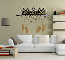 Load image into Gallery viewer, Boho arrow decal, tribal nursery decal, teepee tribe tent, Feather Wall Decals, Tee Pee Dreamcatcher with Feathers customize name-GD576