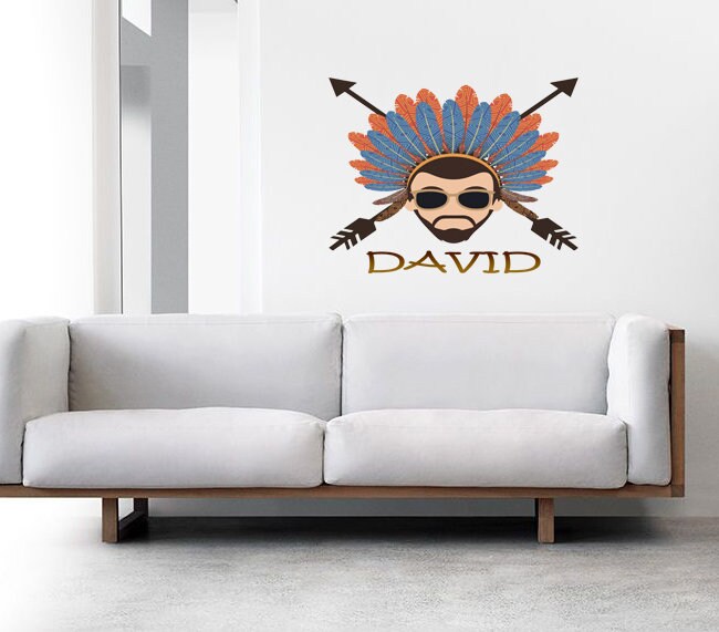 Wise Native American Indian with Feather Headdress Vinyl Decal Sticker, Indian tribal wall sticker for boys room, custom name-GD591