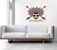 Load image into Gallery viewer, Wise Native American Indian with Feather Headdress Vinyl Decal Sticker, Indian tribal wall sticker for boys room, custom name-GD591