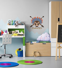 Load image into Gallery viewer, Wise Native American Indian with Feather Headdress Vinyl Decal Sticker, Indian tribal wall sticker for boys room, custom name-GD591