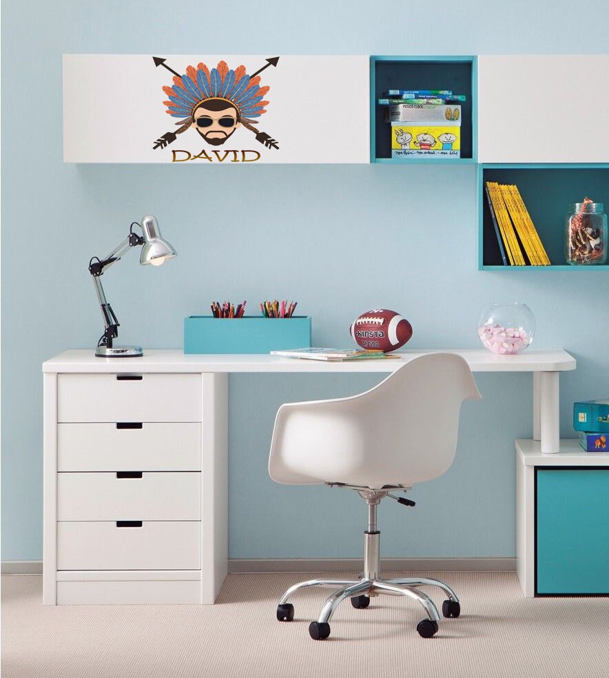 Wise Native American Indian with Feather Headdress Vinyl Decal Sticker, Indian tribal wall sticker for boys room, custom name-GD591