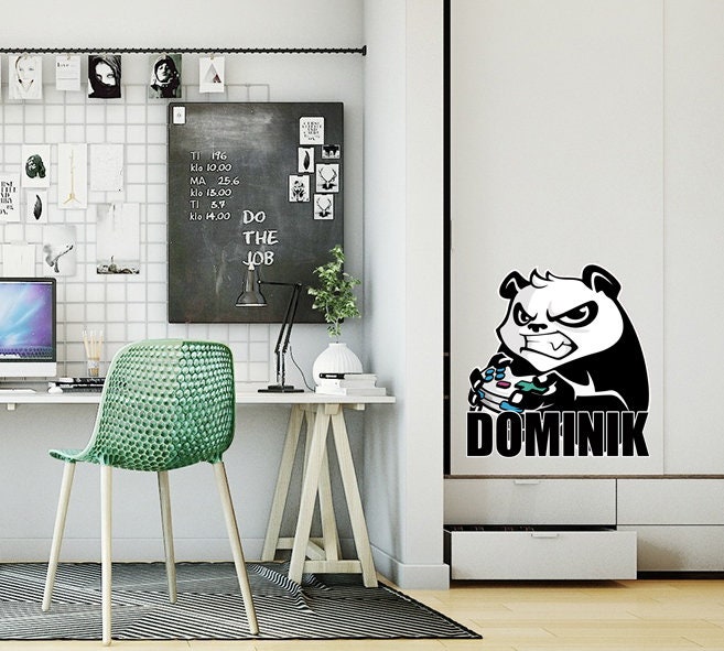 Gamer Panda Custom name wall decal, personalized sticker, personalized decal, wall sticker Player decor, Joystick vinyl sticker, GD598