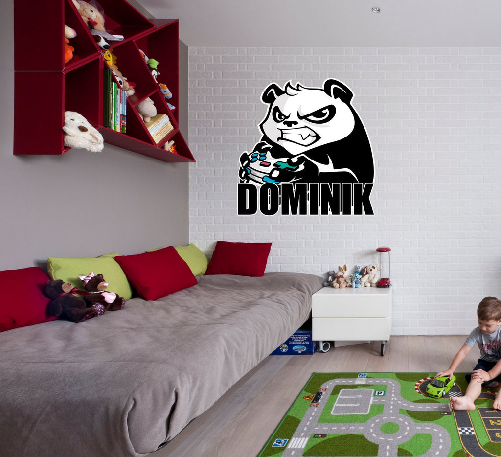 Gamer Panda Custom name wall decal, personalized sticker, personalized decal, wall sticker Player decor, Joystick vinyl sticker, GD598