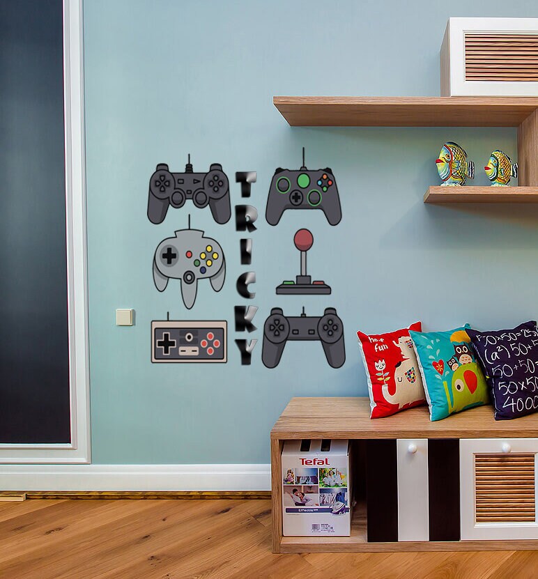 Wall Vinyl Decal Home Decor Art Sticker 3D Personalized Name Boy Girl Gamer Controller Video Game Studio Teen Nursery Play Room Decal- GD612