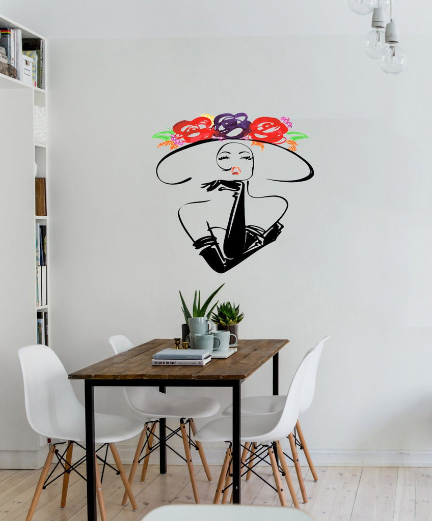 Wall decal art stickers Vintage Girl Woman, Wall sticker Vintage style decor, Vintage Woman Hat vinyl sticker, baby stickers Flowers Hat