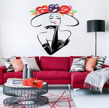Load image into Gallery viewer, Wall decal art stickers Vintage Girl Woman, Wall sticker Vintage style decor, Vintage Woman Hat vinyl sticker, baby stickers Flowers Hat