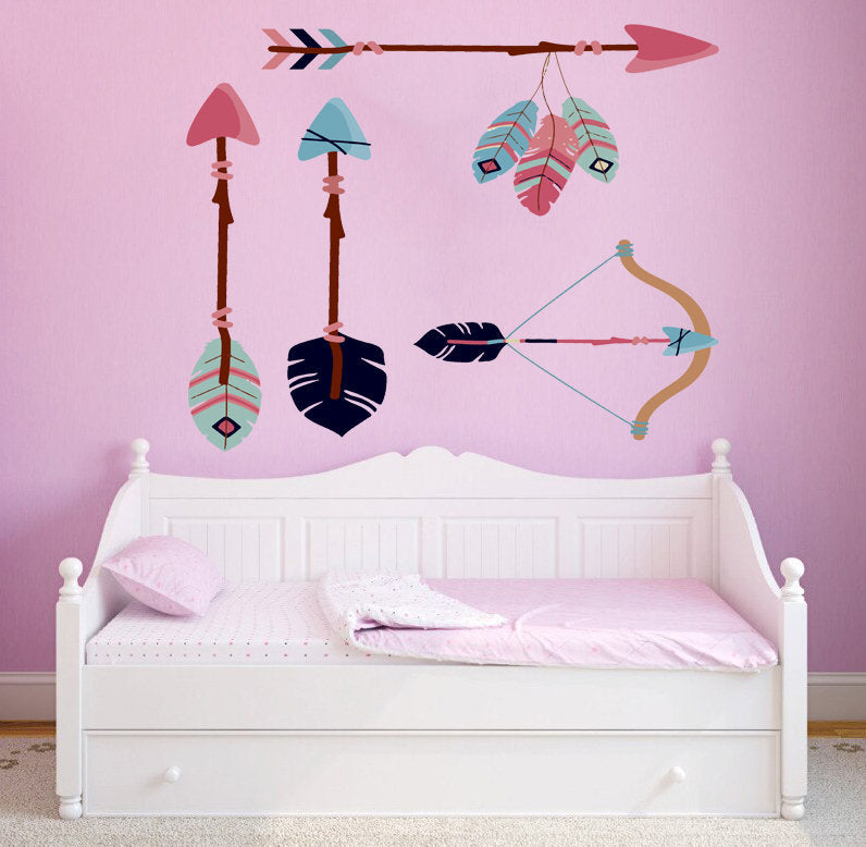 Wall decal art stickers Boho Arrow,Delicate Inspiring Feather Arrows Vinyl Decal Sticker, Boho vinyl sticker Bow and arrows-GD626