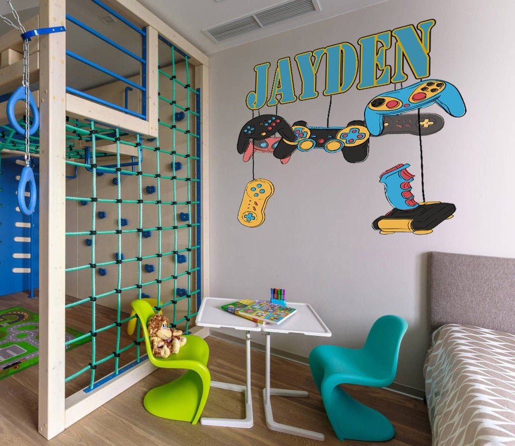 Wall Vinyl Decal Home Decor Art Sticker 3D Personalized Name Boy Girl Gamer Controller Video Game Studio Teen Nursery Play Room decals-GD580