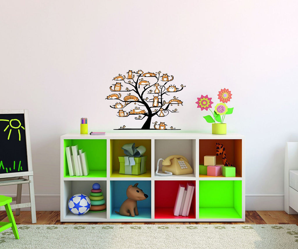 Wall decal art stickers Wood, Wall sticker Funny cats decor, Trees Cats Bird vinyl sticker, stickers Cat decal Cat Bird-GD657