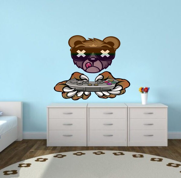 Bear Gamer Game Controller Wall Decal, Childrens wall sticker Player Gamester decor, Joystick vinyl sticker Bear Wall stickers-GD522