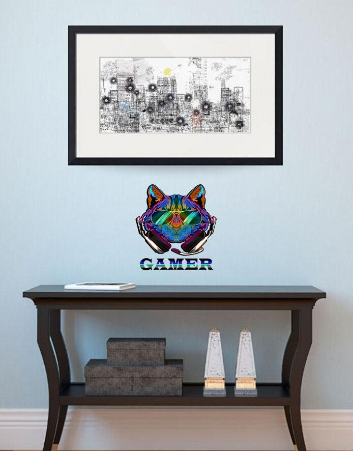 Gamer Cat Wall Decal, Cat Gamer Wall Decal Video Games Wall Sticker Controller Wall Stickers Gaming Gamer Room Wall Art, GD523