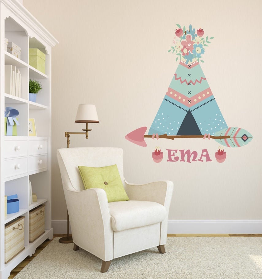 The Boho Design colorful Tents Wall Vinyl Decal. Tent Sticker Nursery. Adhesive Tribal TeePee for Kids Baby Nordic Bedroom Decoration-GD588