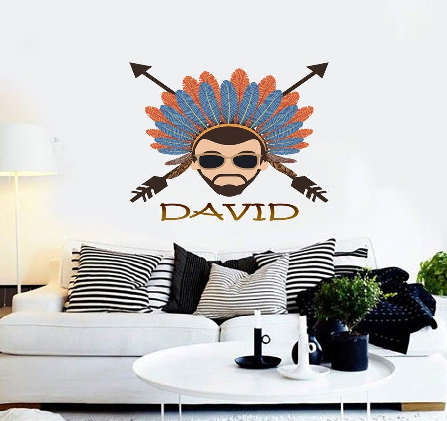 Wise Native American Indian with Feather Headdress Vinyl Decal Sticker, Indian tribal wall sticker for boys room, custom name-GD591
