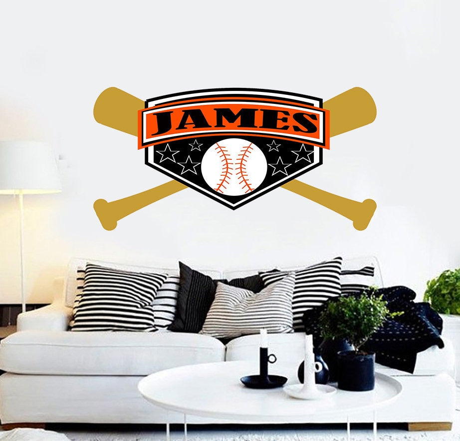 Baseball Custom name wall decal, personalized sticker, personalized decal, wall sticker Hardball decor, Baseball bat vinyl sticker ball