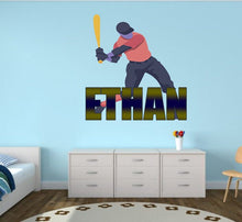 Load image into Gallery viewer, Baseball Player Custom name wall decal, personalized sticker, personalized decal, wall sticker Hardball decor, Baseball vinyl sticker ball
