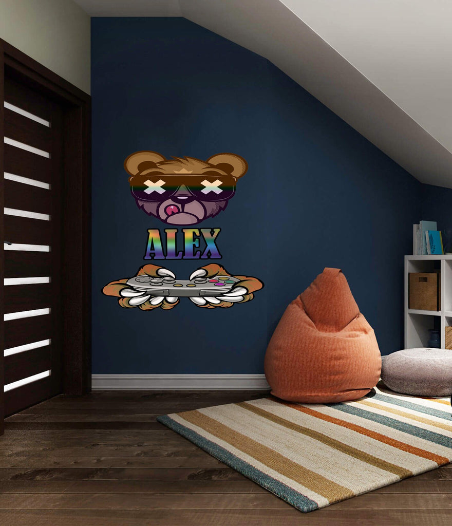 Gamer Bear Custom name wall decal, personalized sticker, Bear Gamer Game Controller Wall Decal, Bear Gamer Game Controller wall decor-GD574