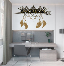 Load image into Gallery viewer, Boho arrow decal, tribal nursery decal, teepee tribe tent, Feather Wall Decals, Tee Pee Dreamcatcher with Feathers customize name-GD576