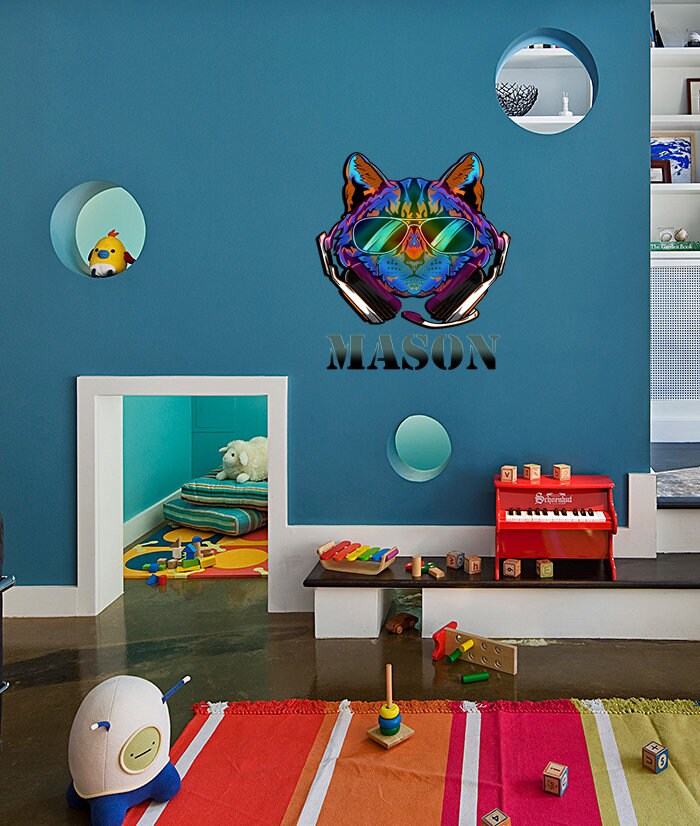 Cool cat stickers ,wall sticker ,Music cat Gift for music lovers cat Cool decor for living room Music decal wall Custom name decal-GD579
