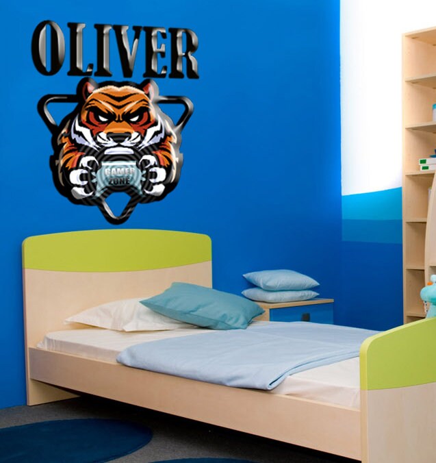 Tiger Gamer game controller Wall Decal, Gamer Custom name wall decal, Joystick vinyl sticker, gamer room decal - GD582