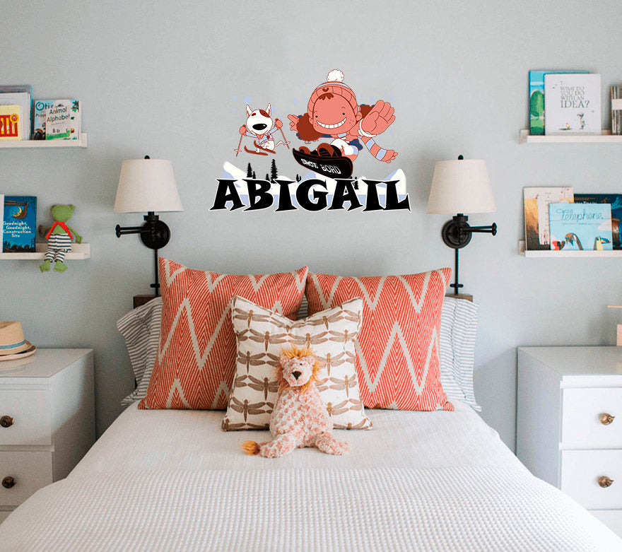 Snowboard Girl Custom name wall decal, personalized sticker, personalized decal, wall sticker Snowboard Dog decor -GD724