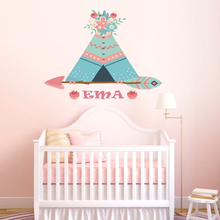 The Boho Design colorful Tents Wall Vinyl Decal. Tent Sticker Nursery. Adhesive Tribal TeePee for Kids Baby Nordic Bedroom Decoration-GD588