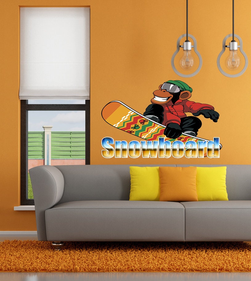 Snowboard monkey Custom name wall decal,Monkey Polygonal Wall decal, Monkey Stickers ,Monkey decor, Wall Decals, Animal Stickers- GD730