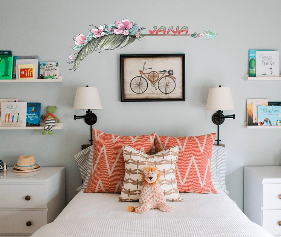 Boho Wall Decal, Wall Decal Feather Decorations For Bedroom, Custom Vinyl Sticker With Arrow, Living Room Wall Decor for Girls & Boys -GD601