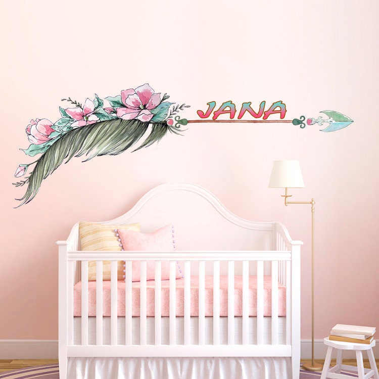 Boho Wall Decal, Wall Decal Feather Decorations For Bedroom, Custom Vinyl Sticker With Arrow, Living Room Wall Decor for Girls & Boys -GD601