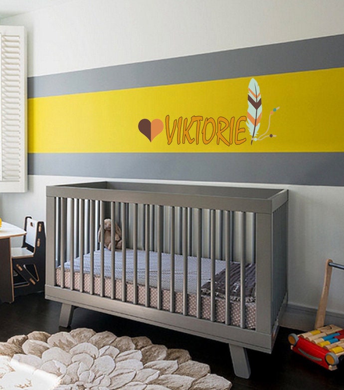 Personalized Custom Name feather and heart Wall Decal Sticker Customized Sign, Baby Girl Nursery Room Decor Boy Mural Art Gift-GD604