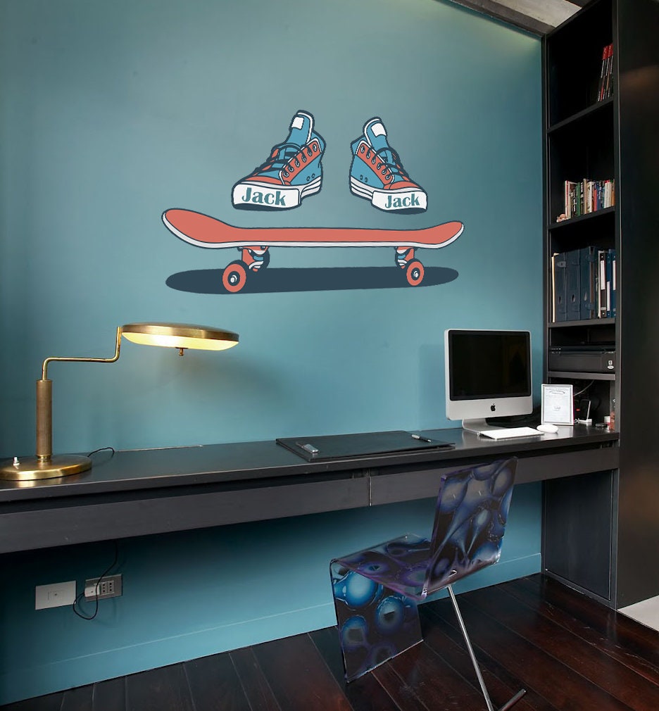 Skateboard wall decal, Skater Wall Decal Art Decor Smashed Sport Skateboard Sticker Mural Kids Room Custom Gift - GD741