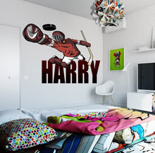 Load image into Gallery viewer, Hockey player Custom name wall decal, personalized sticker, personalized decal, wall sticker Hockey decor, Goalkeeper vinyl sticker, decal