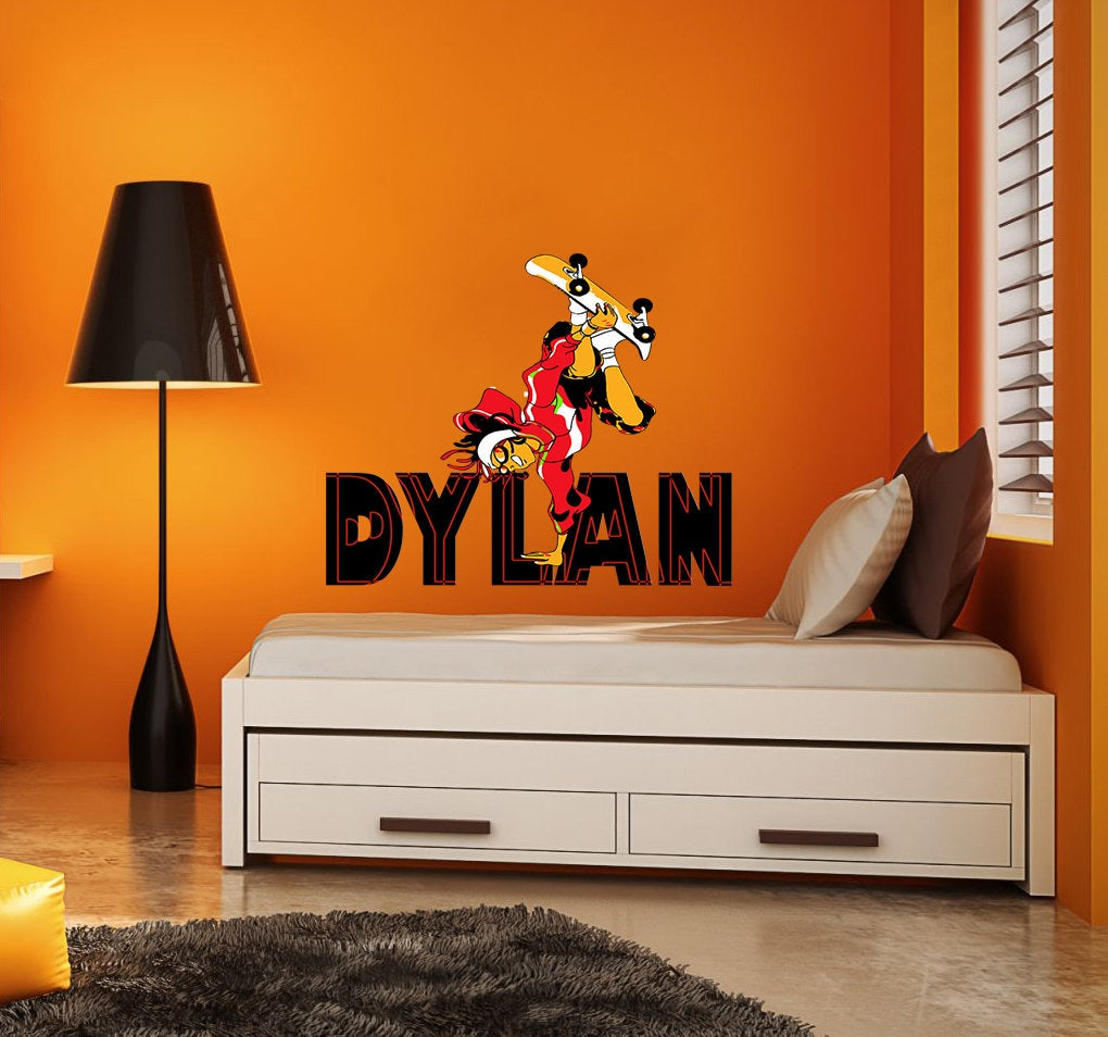 CuteDecals Custom Name Skateboarding Wall Decal - Personalized Silhouette Art Boy Skateboard Decor for Bedroom Decoration -GD747