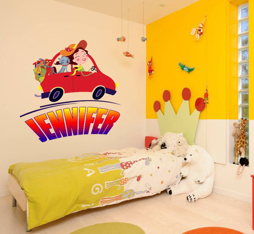 Сar Funny Girl Custom name wall decal personalized sticker Custom Car Name Wall Decal for Boys Nursery Wall Decals Baby Room Wall - GD650