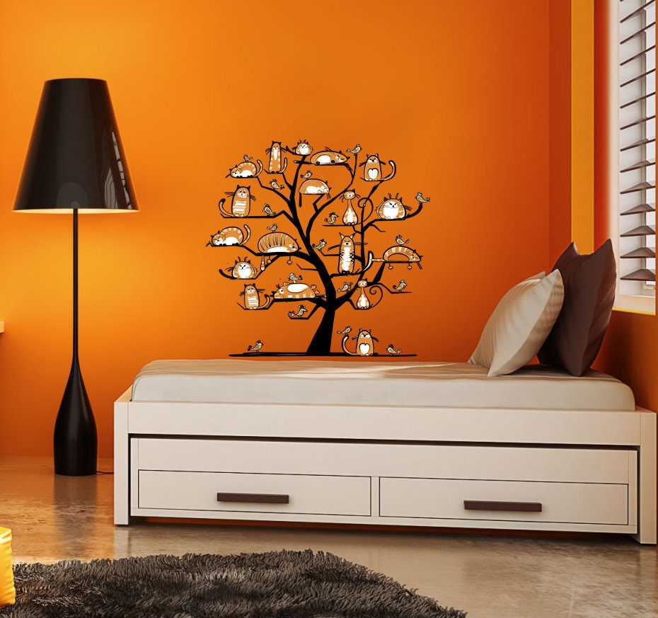 Wall decal art stickers Wood, Wall sticker Funny cats decor, Trees Cats Bird vinyl sticker, stickers Cat decal Cat Bird-GD657
