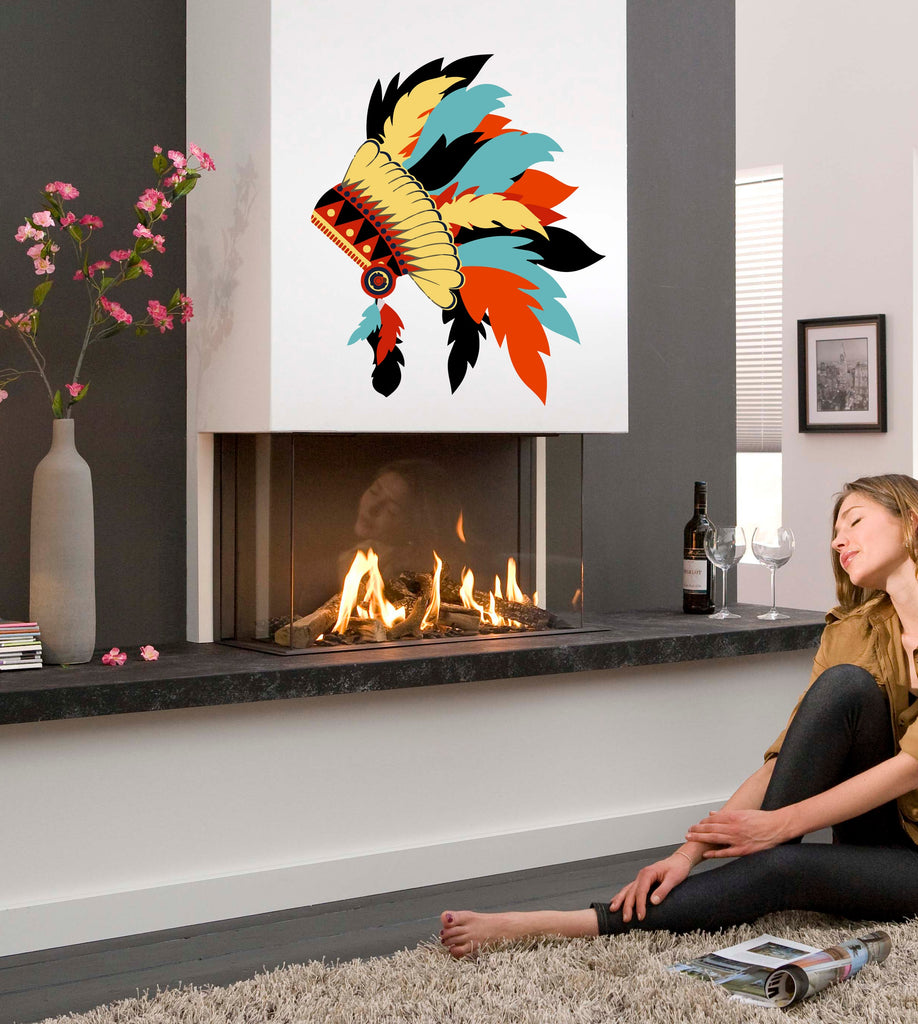 Wall decal art stickers Boho Indian hat, Wise Native American Indian with Feather Headdress Vinyl Decal Sticker - GD678