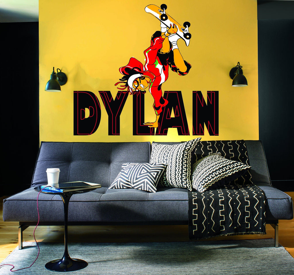 CuteDecals Custom Name Skateboarding Wall Decal - Personalized Silhouette Art Boy Skateboard Decor for Bedroom Decoration -GD747