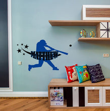 Load image into Gallery viewer, Baseball Player Custom name wall decal, personalized sticker, personalized decal, wall sticker Hardball decor, Baseball vinyl sticker ball