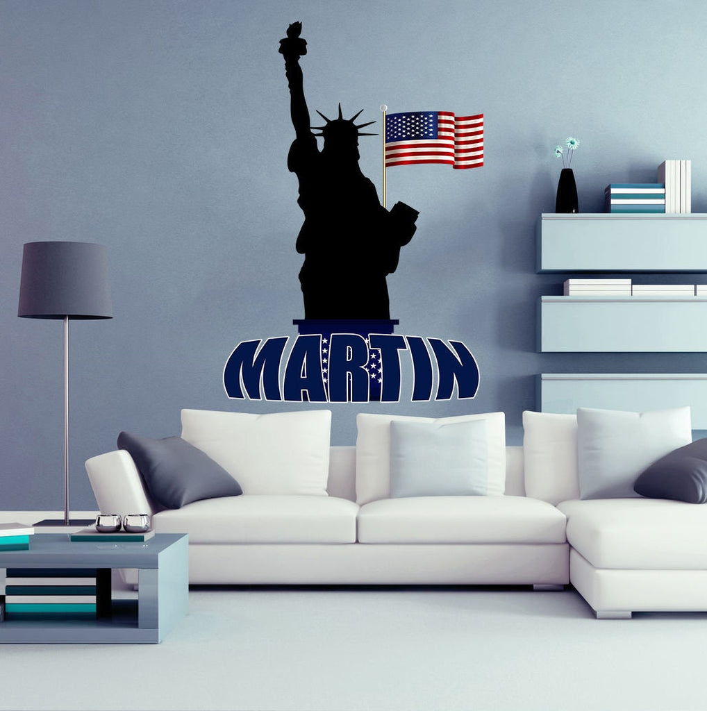 Statue of Liberty Custom Name Wall Decal, Personalized Sticker, Personalized Decal, Wall Sticker American Flag Decor, Flag Vinyl Sticker,
