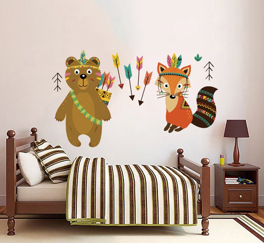 Fox wall decal, bear wall decal, boho style animals fox and bear wall decals for nursery, wall decor living room, GD614