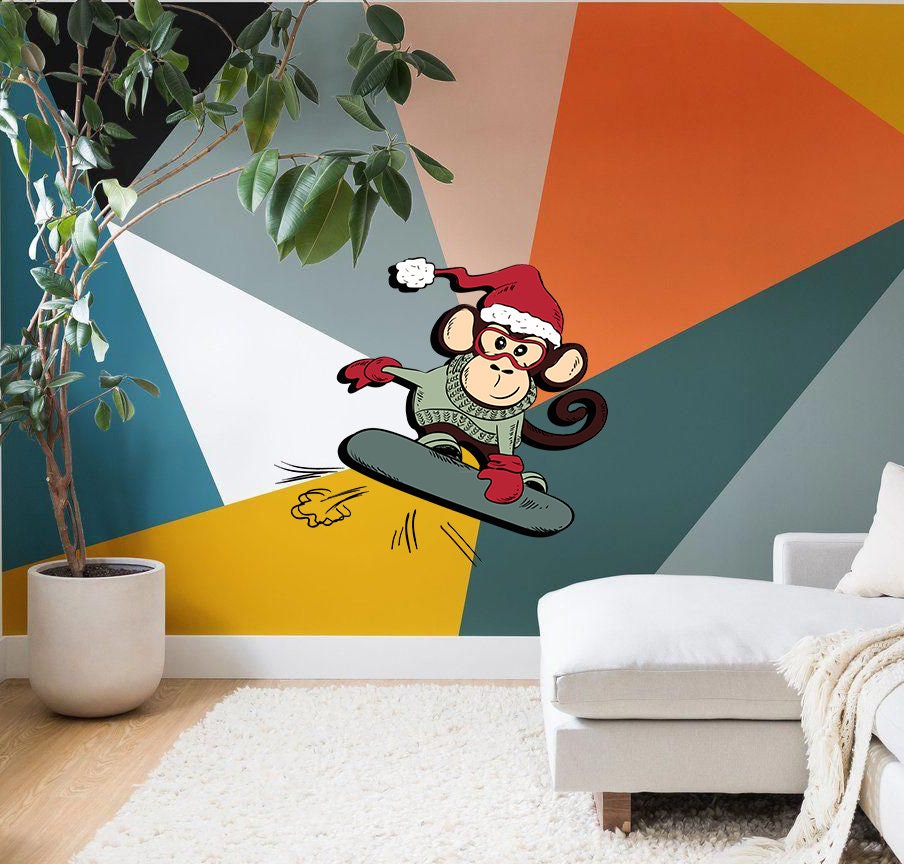 Snowboarding Monkey Wall Decal, Monkey Polygonal Wall decal, Monkey Stickers ,Monkey decor, Wall Decals, Animal Stickers-GD721