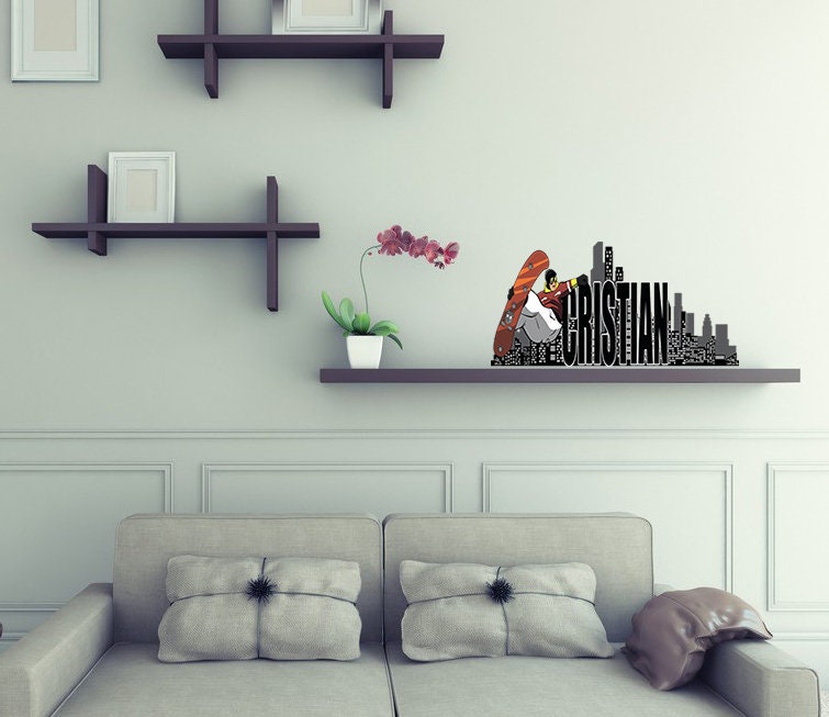 Snowboarder Vinyl Wall Decal Mountains Snowboarding Silhouette Winter Sport Stickers Mural Large Decor-GD728