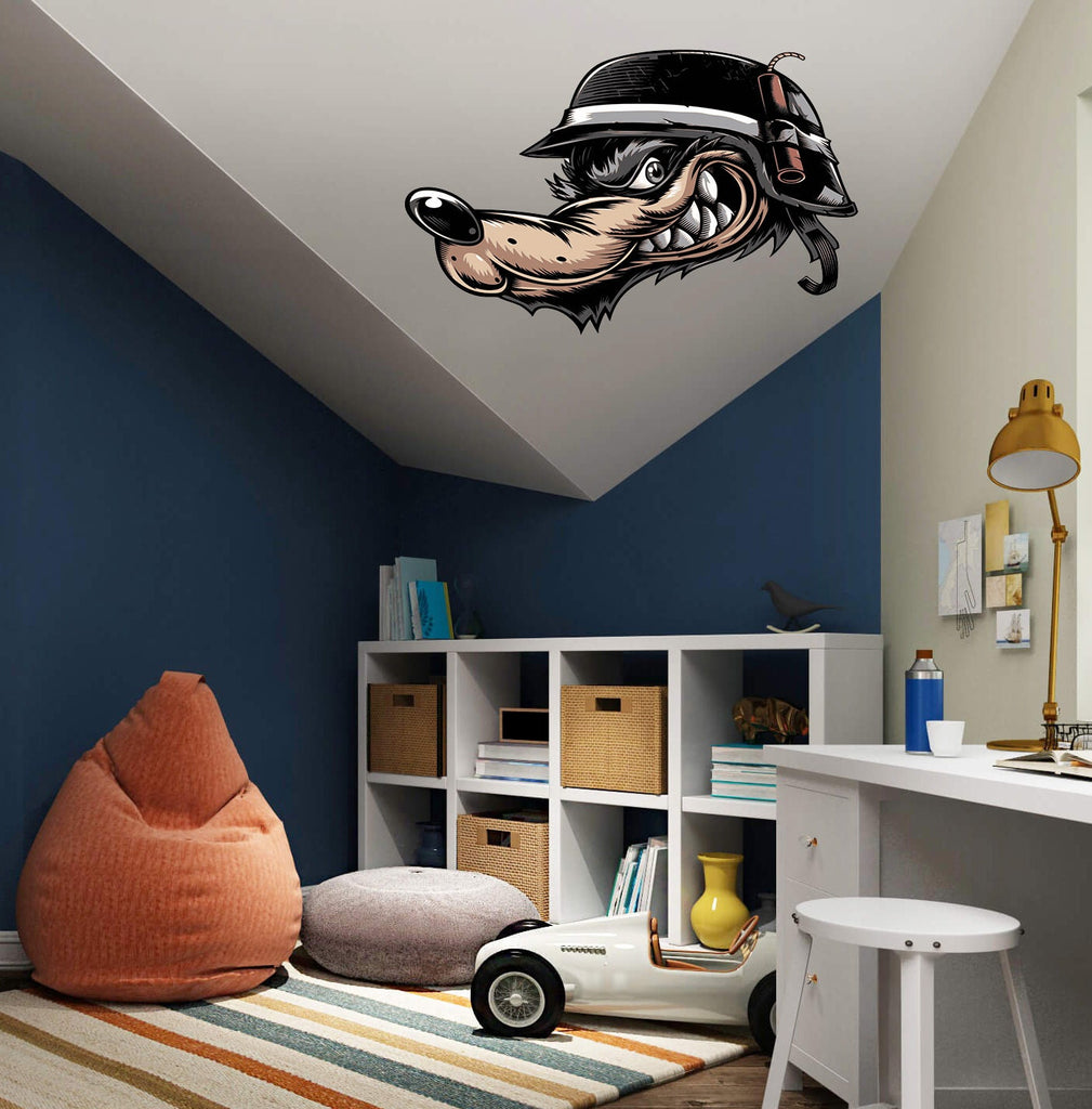 Cartoon Angry Wolf Decal, Boys Room Wolf Sticker, Wolf Decor