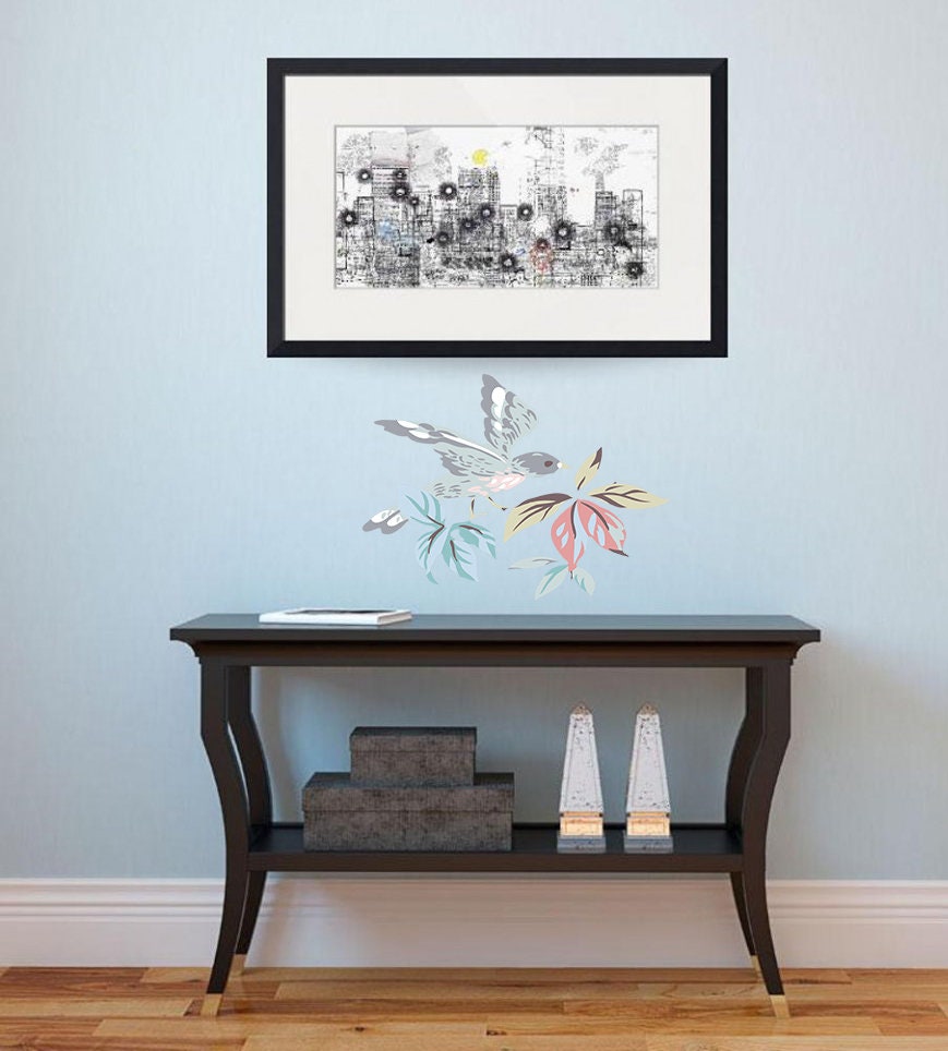 Bird and Flowers Wall Sticker, Bird Sticker, Bird Decal, Bird Wall Decor