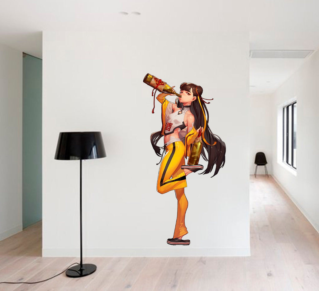Anime Girl Drinking Wine Decal, Anime Sticker, Anime Wall Decor
