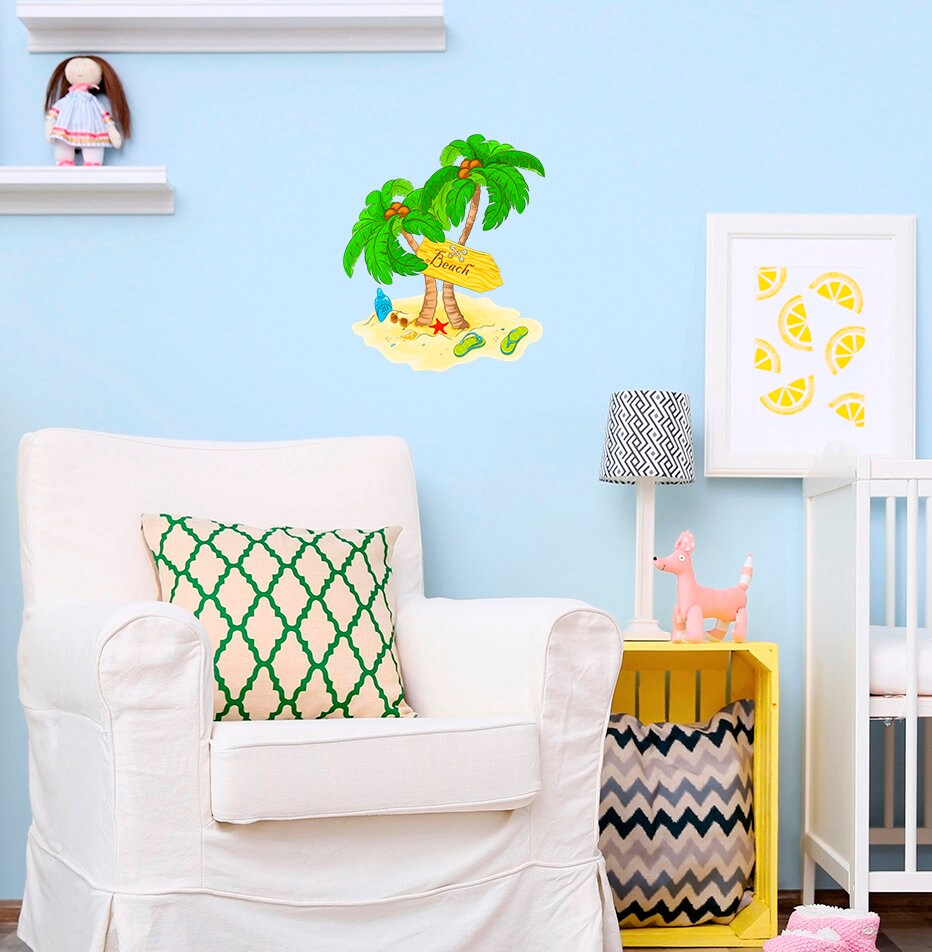 Beach Theme Decal, Palm Trees Sticker, Sand Wall Art, Relaxation Home Décor, Sea shell Wall Design, Сoco Vinyl Wallpapers, Ocean, Breeze