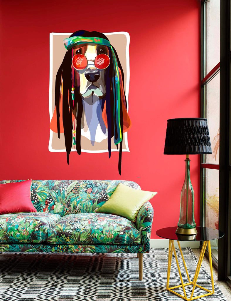 Hippie dog Wall Decal, Rastaman dog Wall sticker, Hippie dog wall decor
