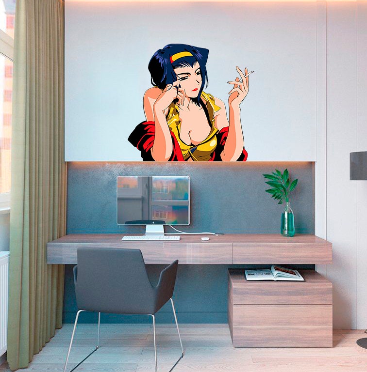 Anime Decal, Japanese Cartoon Sticker, Woman Smoking Wall Art, Lady Vinyl Wallpapers, Animation Home Décor, Comic Design, Gift for Her