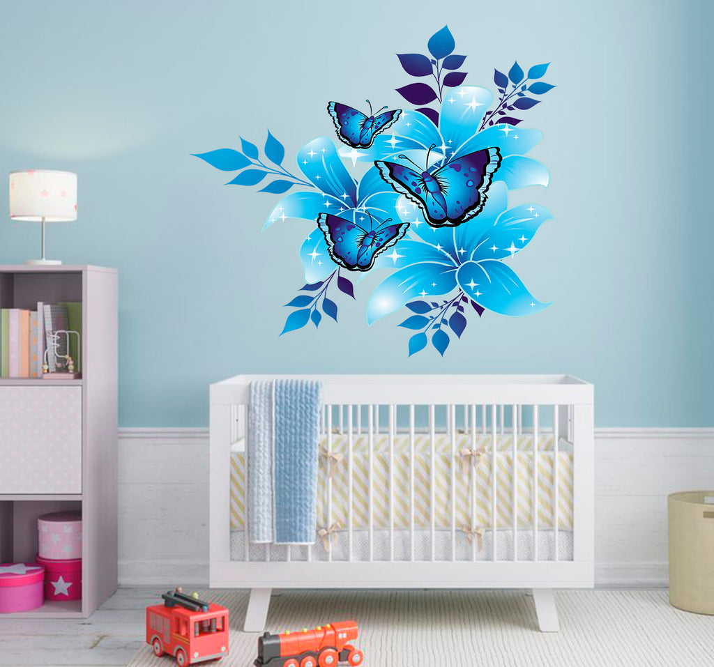 Butterflies On Flowers Wall Decal, Butterflies On Flowers Sticker, Butterflies On Flowers Decor
